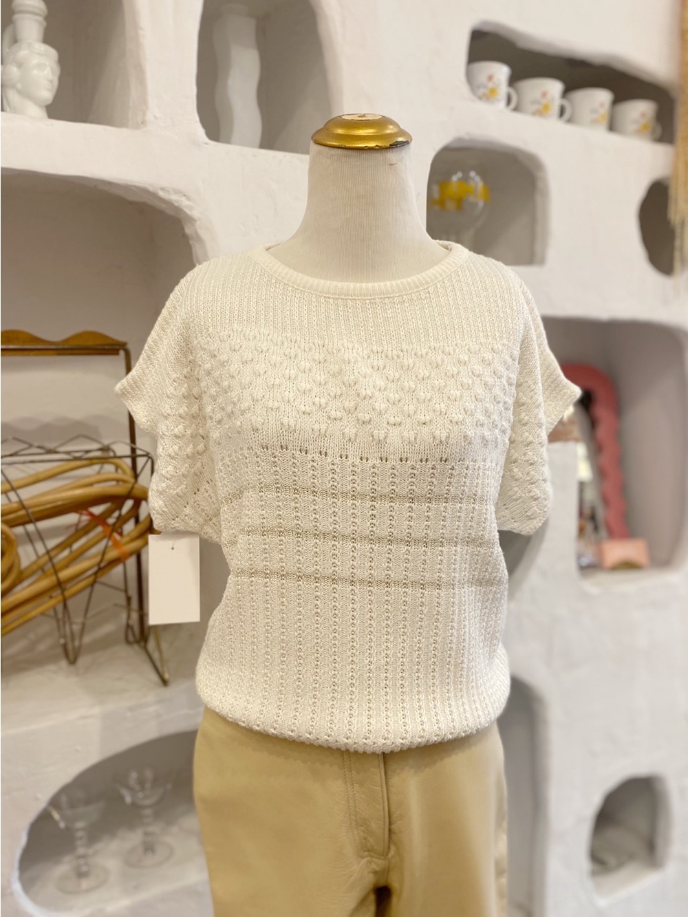 Retro Textured Knit Short-Sleeve Top with Dolman Sleeves